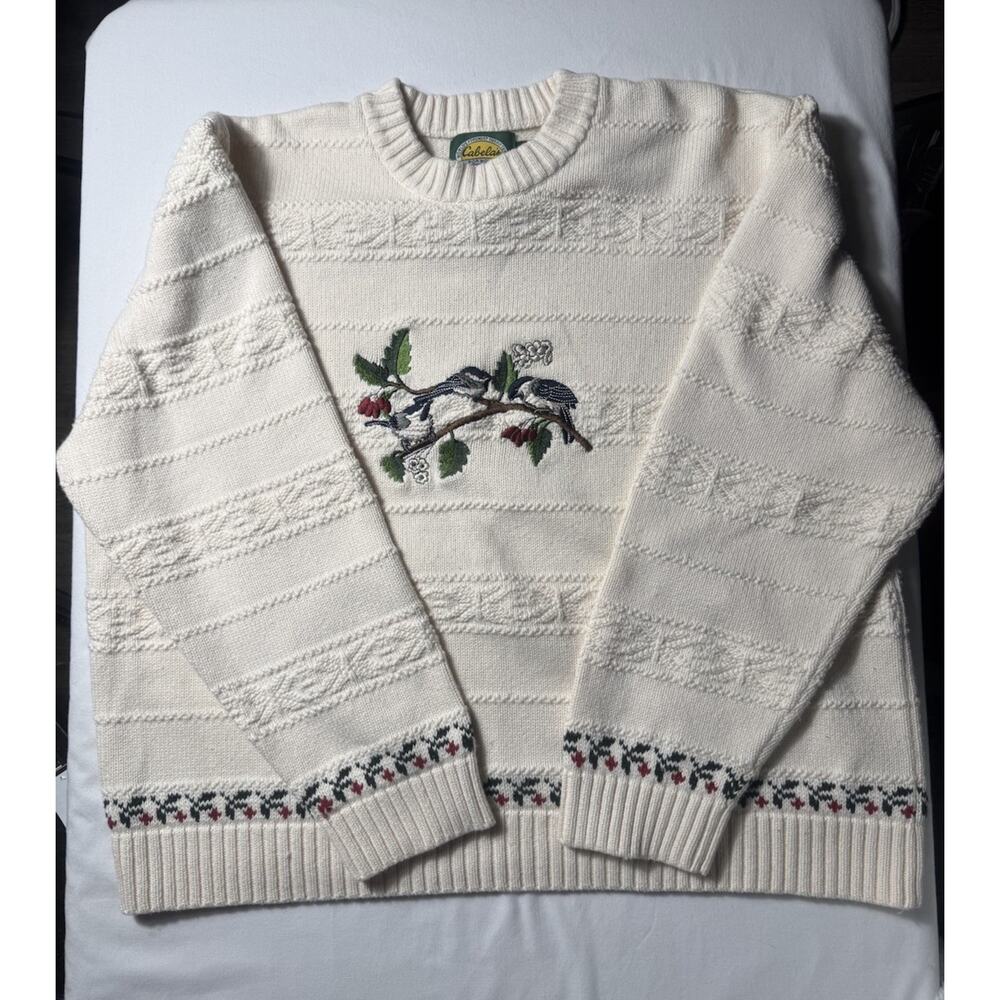 Cabela’s 100% Cotton Sweater, Birds, Berries, Vintage